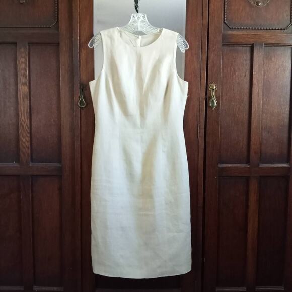 GRUPPO Italy 100% Linen Flax Dress SZ M Lined Sleeveless Sheath Back Zip Tan - Picture 10 of 10